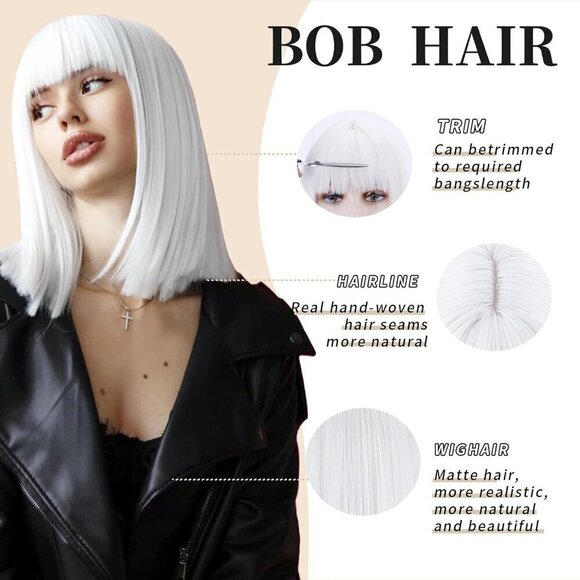 💫 Women White Short Bob Wigs Straight Natural Pretty Party Cosplay Daily - Picture 4 of 7